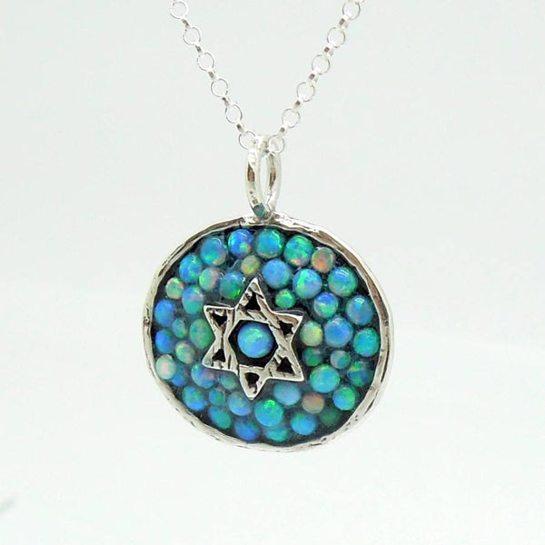 Necklace - Silver Star Of David Pendant With Mosaic Opal Stones
