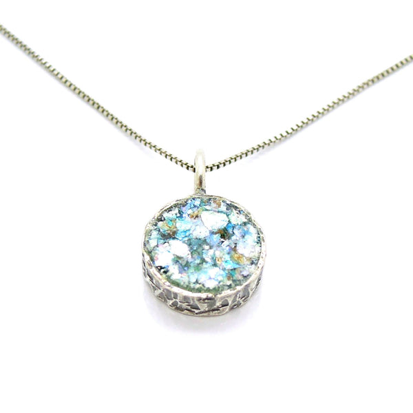 Necklace - Small Silver Pendant, Round & With Ancient Roman Glass