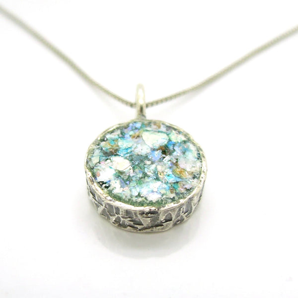 Necklace - Small Silver Pendant, Round & With Ancient Roman Glass