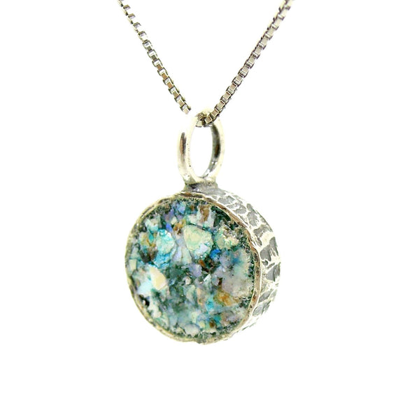 Necklace - Small Silver Pendant, Round & With Ancient Roman Glass