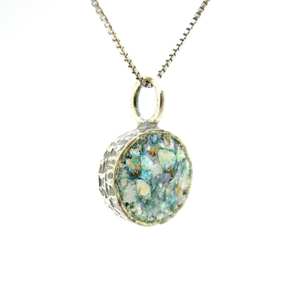 Necklace - Small Silver Pendant, Round & With Ancient Roman Glass