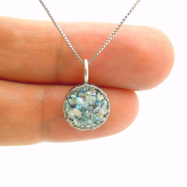 Necklace - Small Silver Pendant, Round & With Ancient Roman Glass
