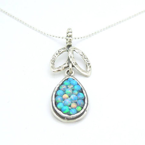 Necklace - Sterling Silver Drop & Leaf Shaped Pendant With Mosaic Opal Stones
