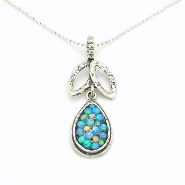 Necklace - Sterling Silver Drop & Leaf Shaped Pendant With Mosaic Opal Stones