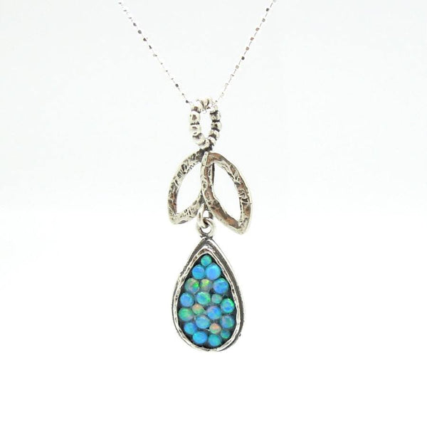 Necklace - Sterling Silver Drop & Leaf Shaped Pendant With Mosaic Opal Stones