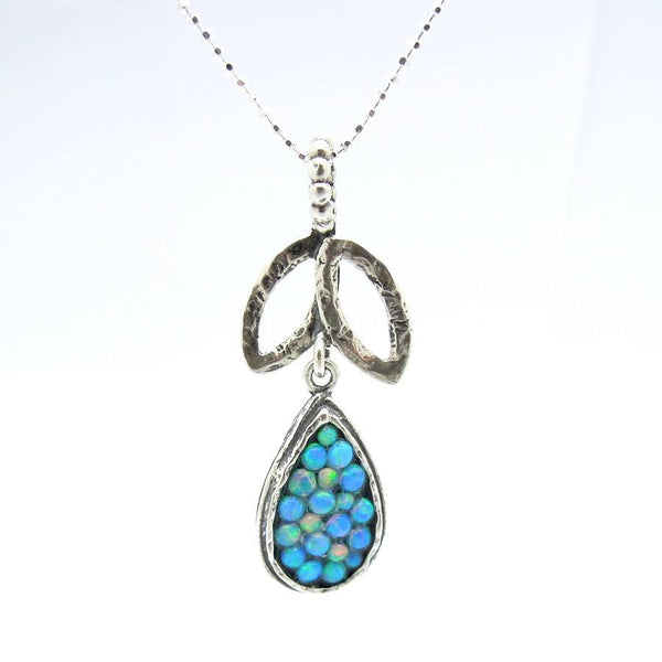 Necklace - Sterling Silver Drop & Leaf Shaped Pendant With Mosaic Opal Stones
