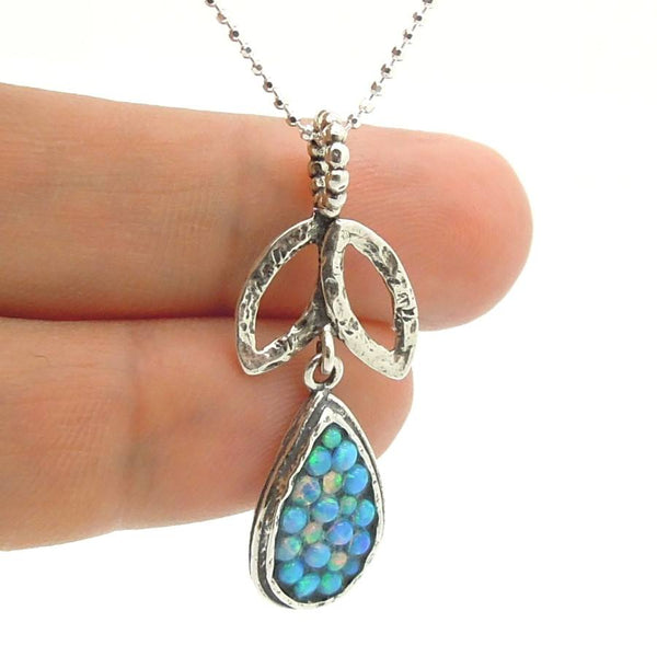 Necklace - Sterling Silver Drop & Leaf Shaped Pendant With Mosaic Opal Stones