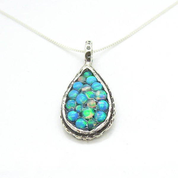 Necklace - Sterling Silver Drop Shaped Pendant With Mosaic Opal Stones