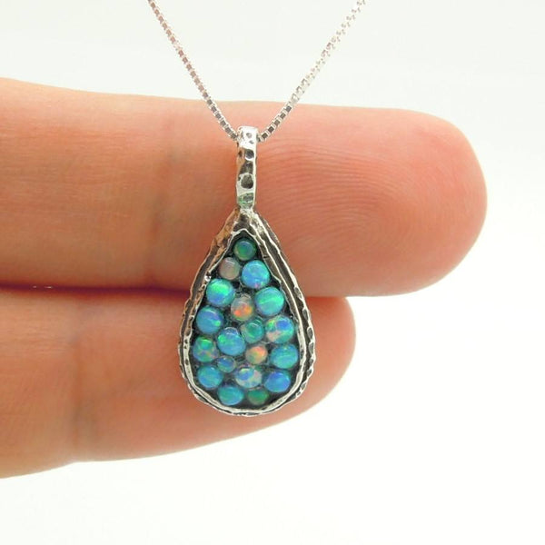 Necklace - Sterling Silver Drop Shaped Pendant With Mosaic Opal Stones