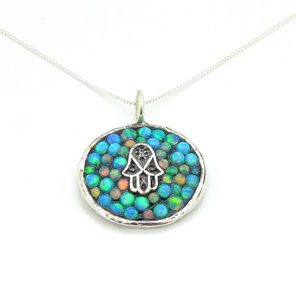 Necklace - Sterling Silver Hamsa Pendant With Mosaic Opal Stones