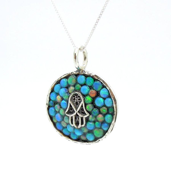 Necklace - Sterling Silver Hamsa Pendant With Mosaic Opal Stones