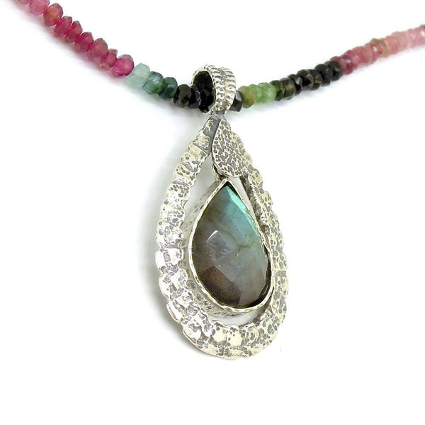 Necklace - Tourmaline Bead Necklace With A Drop Shape Labradorite