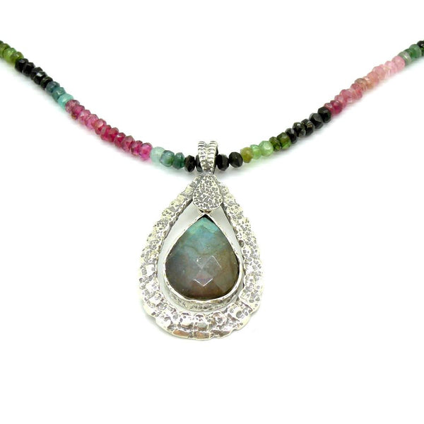 Necklace - Tourmaline Bead Necklace With A Drop Shape Labradorite