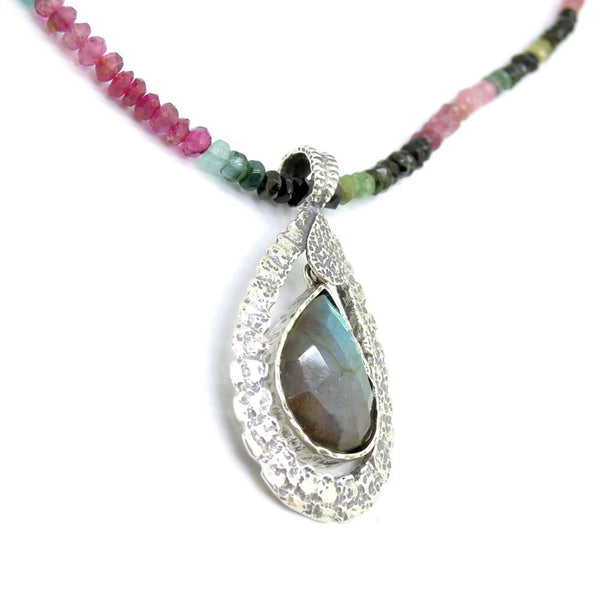 Necklace - Tourmaline Bead Necklace With A Drop Shape Labradorite