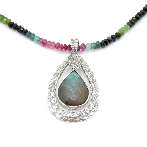 Necklace - Tourmaline Bead Necklace With A Drop Shape Labradorite