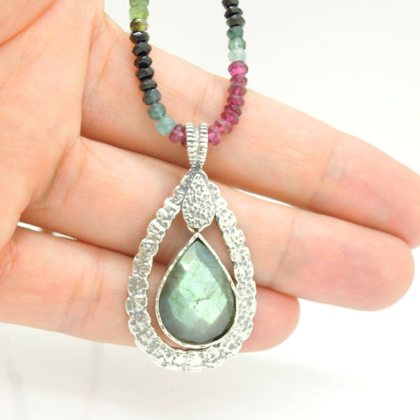 Necklace - Tourmaline Bead Necklace With A Drop Shape Labradorite