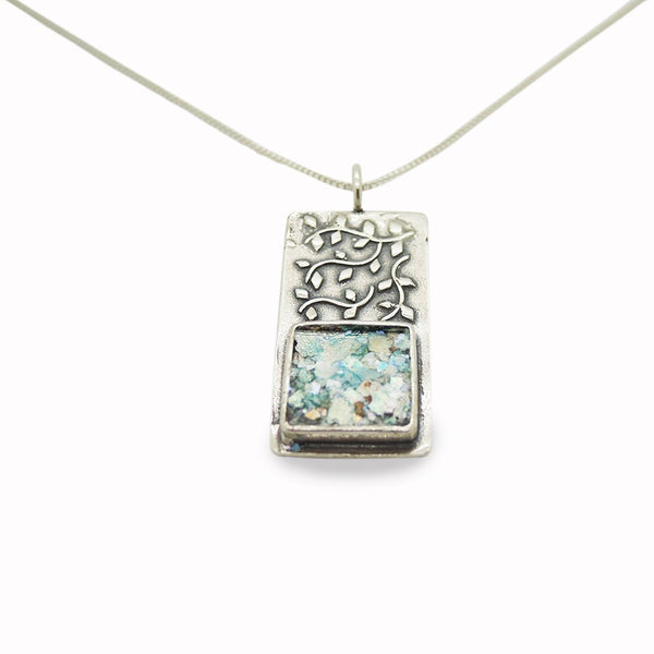 Necklace - Tree Branch Pendant With Ancient Roman Glass Set In Silver