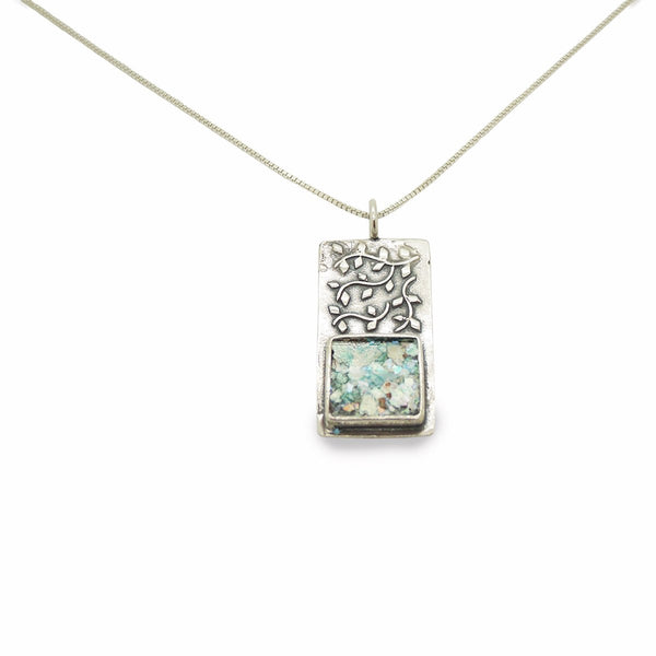 Necklace - Tree Branch Pendant With Ancient Roman Glass Set In Silver