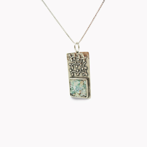 Necklace - Tree Branch Pendant With Ancient Roman Glass Set In Silver