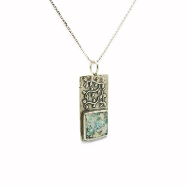 Necklace - Tree Branch Pendant With Ancient Roman Glass Set In Silver