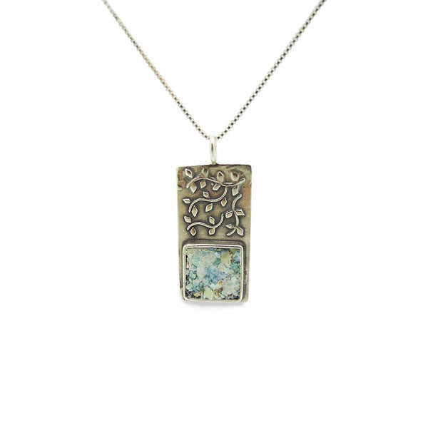 Necklace - Tree Branch Pendant With Ancient Roman Glass Set In Silver