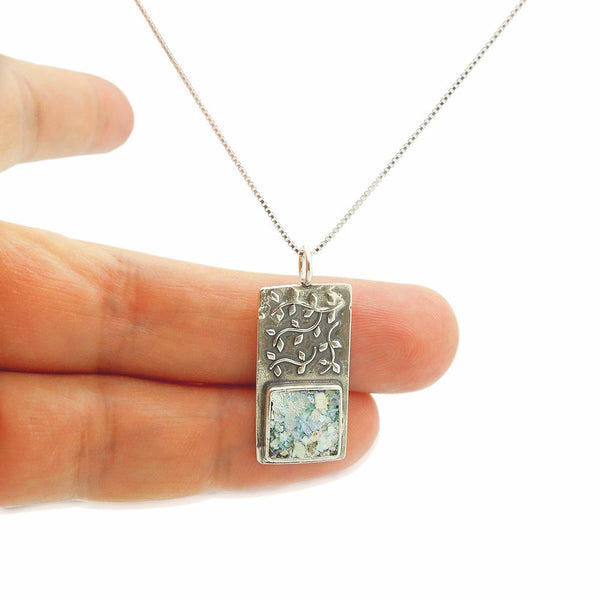 Necklace - Tree Branch Pendant With Ancient Roman Glass Set In Silver