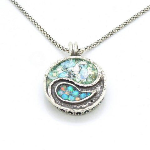 Necklace - Yin Yang Necklace Silver Sterling Pendant With Mosaic Opal & Roman Glass