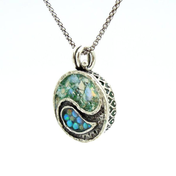 Necklace - Yin Yang Necklace Silver Sterling Pendant With Mosaic Opal & Roman Glass