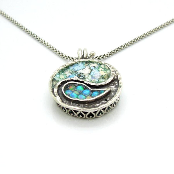 Necklace - Yin Yang Necklace Silver Sterling Pendant With Mosaic Opal & Roman Glass