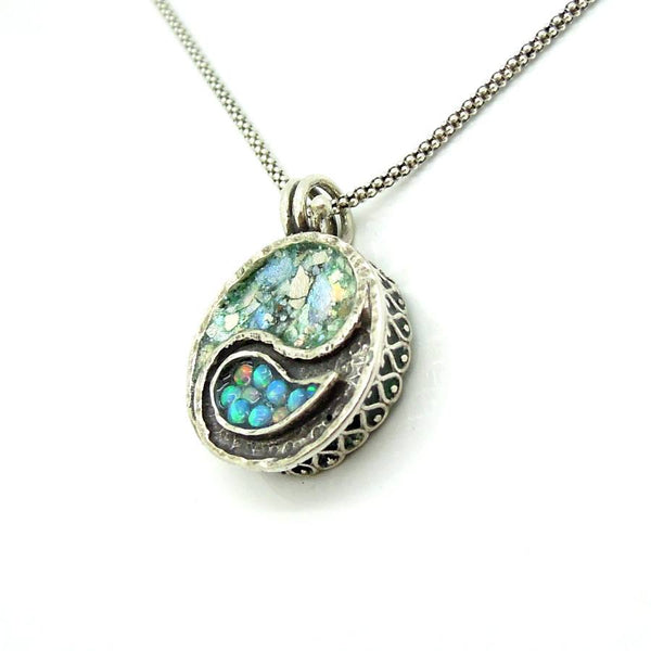 Necklace - Yin Yang Necklace Silver Sterling Pendant With Mosaic Opal & Roman Glass