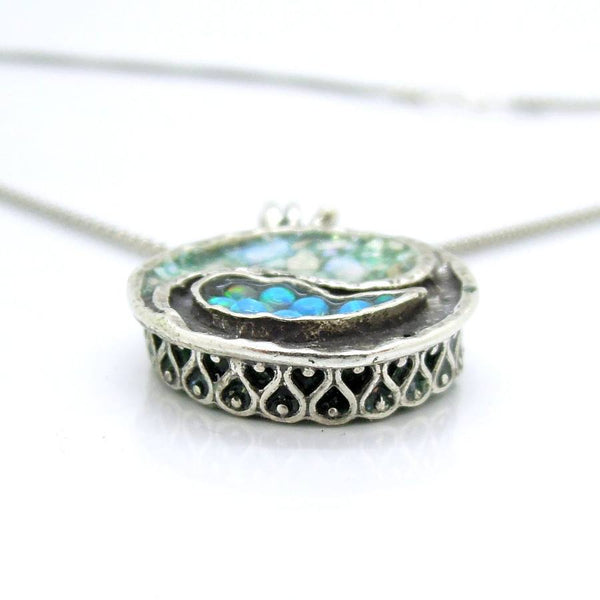 Necklace - Yin Yang Necklace Silver Sterling Pendant With Mosaic Opal & Roman Glass