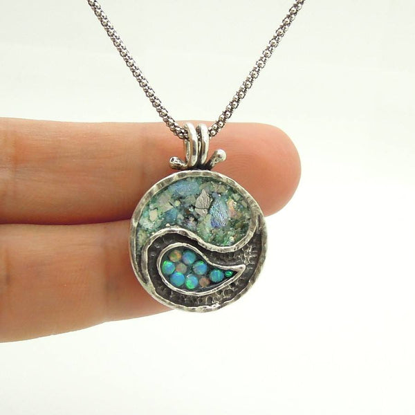 Necklace - Yin Yang Necklace Silver Sterling Pendant With Mosaic Opal & Roman Glass