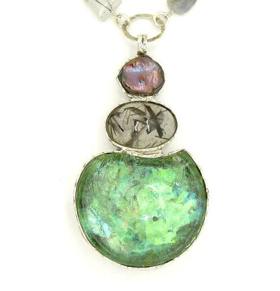 One Of A Kind - Labradorite, Grey Pearl, Rutilated Quartz And Glass Necklace