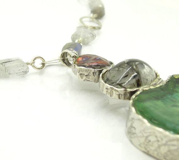 One Of A Kind - Labradorite, Grey Pearl, Rutilated Quartz And Glass Necklace