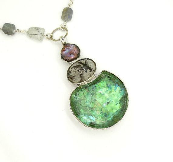 One Of A Kind - Labradorite, Grey Pearl, Rutilated Quartz And Glass Necklace