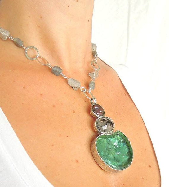 One Of A Kind - Labradorite, Grey Pearl, Rutilated Quartz And Glass Necklace