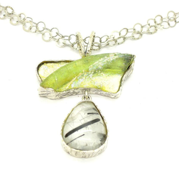 One Of A Kind - Rutilated Quartz Silver & Roman Glass Rare Necklace
