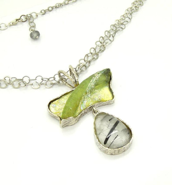 One Of A Kind - Rutilated Quartz Silver & Roman Glass Rare Necklace