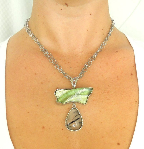 One Of A Kind - Rutilated Quartz Silver & Roman Glass Rare Necklace