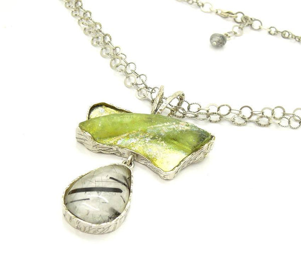 One Of A Kind - Rutilated Quartz Silver & Roman Glass Rare Necklace