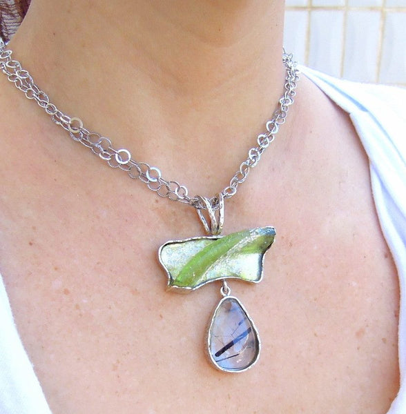 One Of A Kind - Rutilated Quartz Silver & Roman Glass Rare Necklace