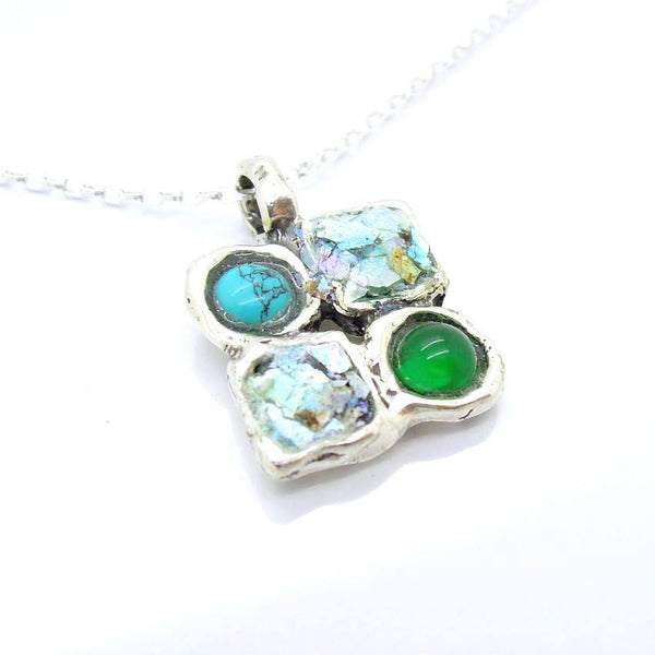 Pendant  - Agate & Green Turquoise Roman Glass Necklace