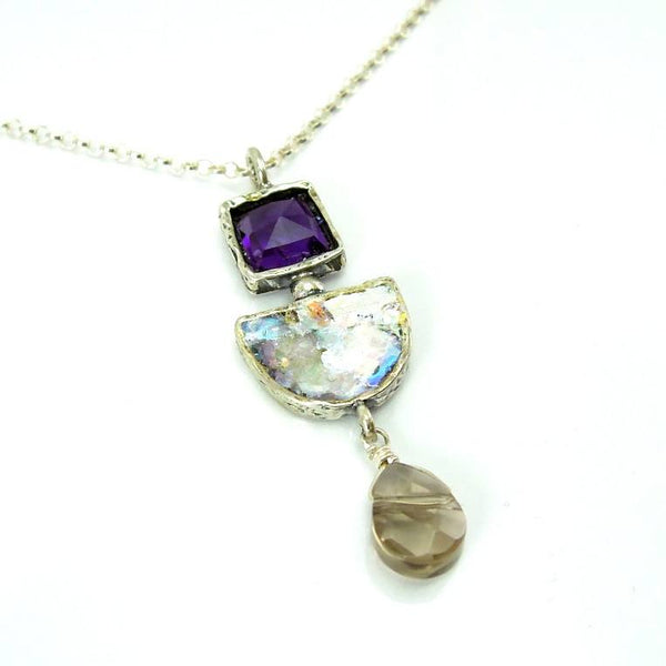 Pendant  - Amethyst And Quartz Long Roman Glass Pendant