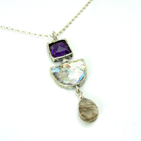 Pendant  - Amethyst And Quartz Long Roman Glass Pendant