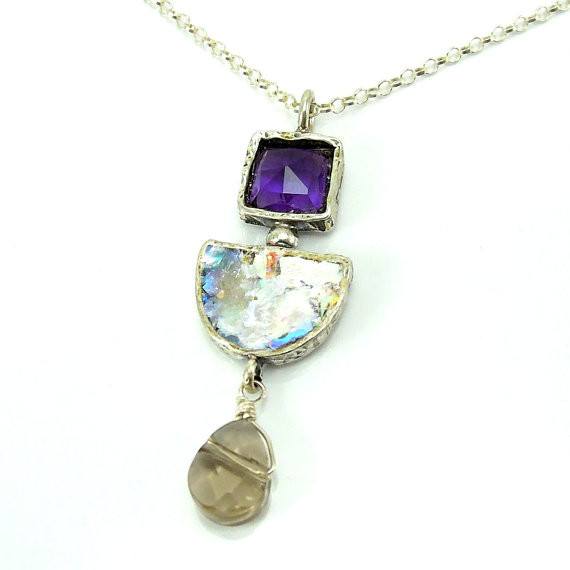 Pendant  - Amethyst And Quartz Long Roman Glass Pendant
