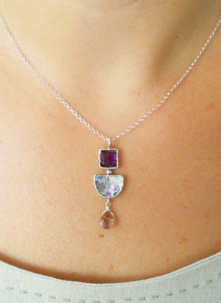 Pendant  - Amethyst And Quartz Long Roman Glass Pendant