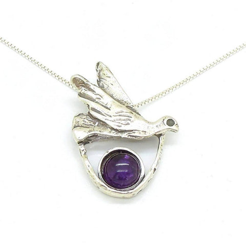 Pendant - Amethyst Necklace With A Silver Dove Pendant
