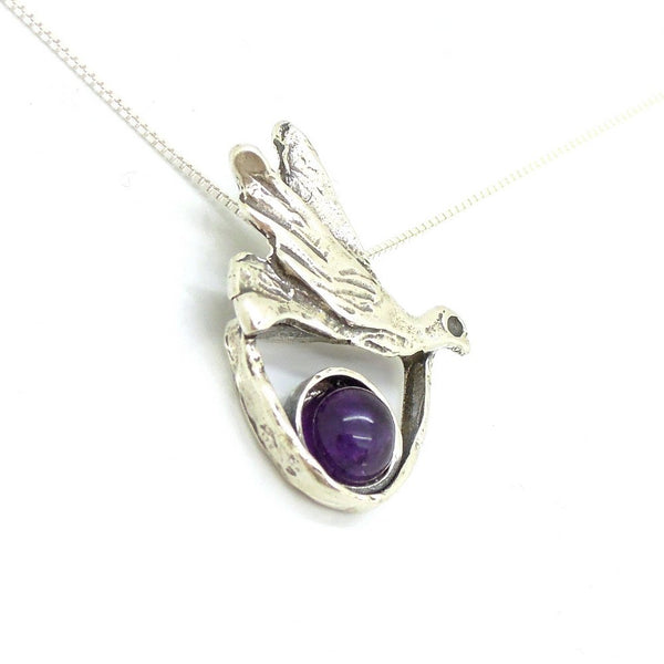 Pendant - Amethyst Necklace With A Silver Dove Pendant