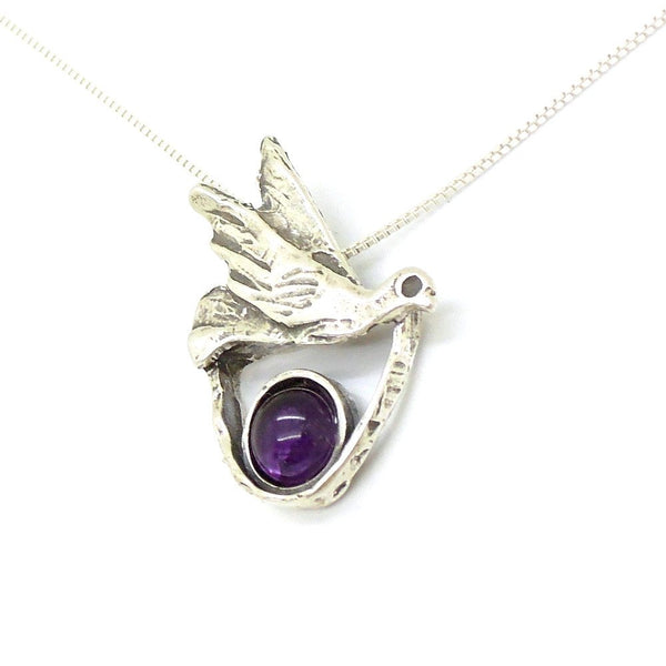 Pendant - Amethyst Necklace With A Silver Dove Pendant