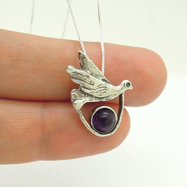 Pendant - Amethyst Necklace With A Silver Dove Pendant